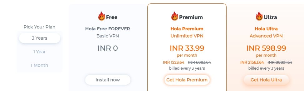 Pricing of HolaVPN