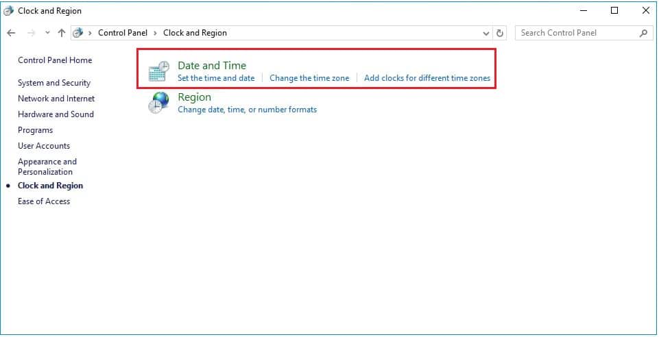 Control panel Date and Time option
